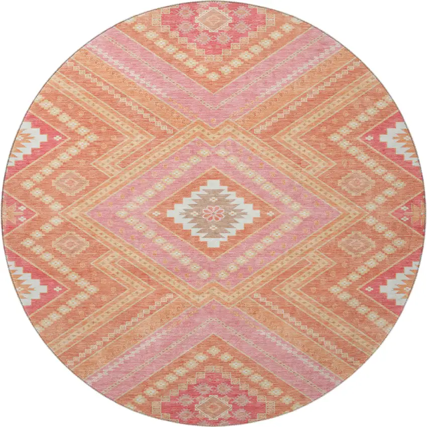 8' Coral Pink And Ivory Tribal Washable Round Rug With UV Protection Photo 3