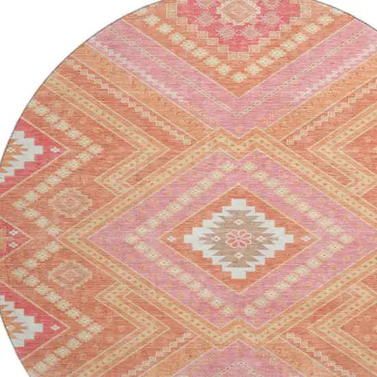 8' Coral Pink And Ivory Tribal Washable Round Rug With UV Protection Photo 2