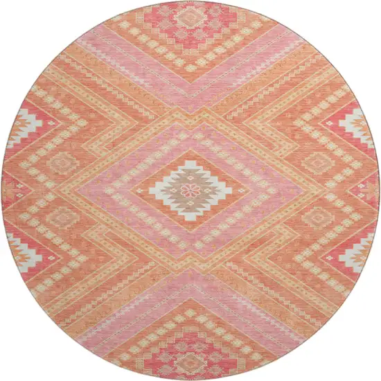 8' Coral Pink And Ivory Tribal Washable Round Rug With UV Protection Photo 1
