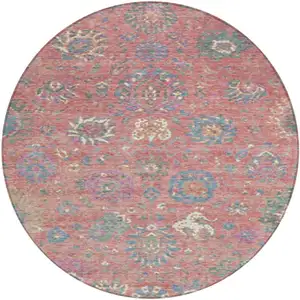 Photo of 8' Coral Plum And Blue Round Floral Washable Indoor Outdoor Area Rug