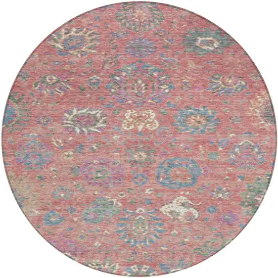 8' Coral Plum And Blue Round Floral Washable Indoor Outdoor Area Rug Photo 1