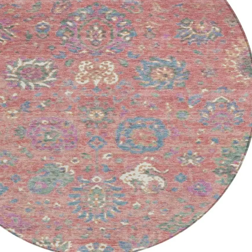 8' Coral Plum And Blue Round Floral Washable Indoor Outdoor Area Rug Photo 9