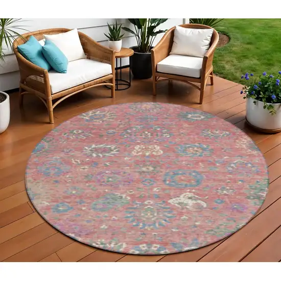 8' Coral Plum And Blue Round Floral Washable Indoor Outdoor Area Rug Photo 2