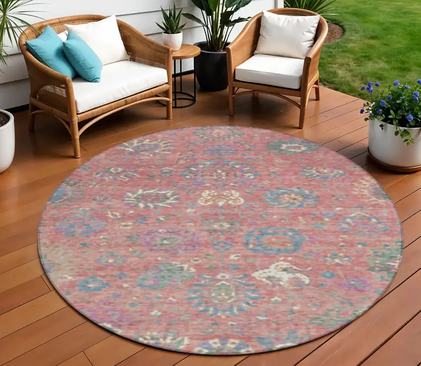 8' Coral Plum And Blue Round Floral Washable Indoor Outdoor Area Rug Photo 2
