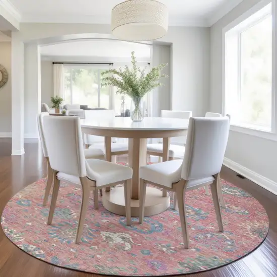 8' Coral Plum And Blue Round Floral Washable Indoor Outdoor Area Rug Photo 6