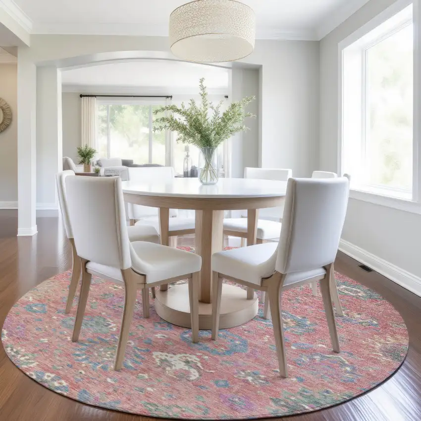 8' Coral Plum And Blue Round Floral Washable Indoor Outdoor Area Rug Photo 6