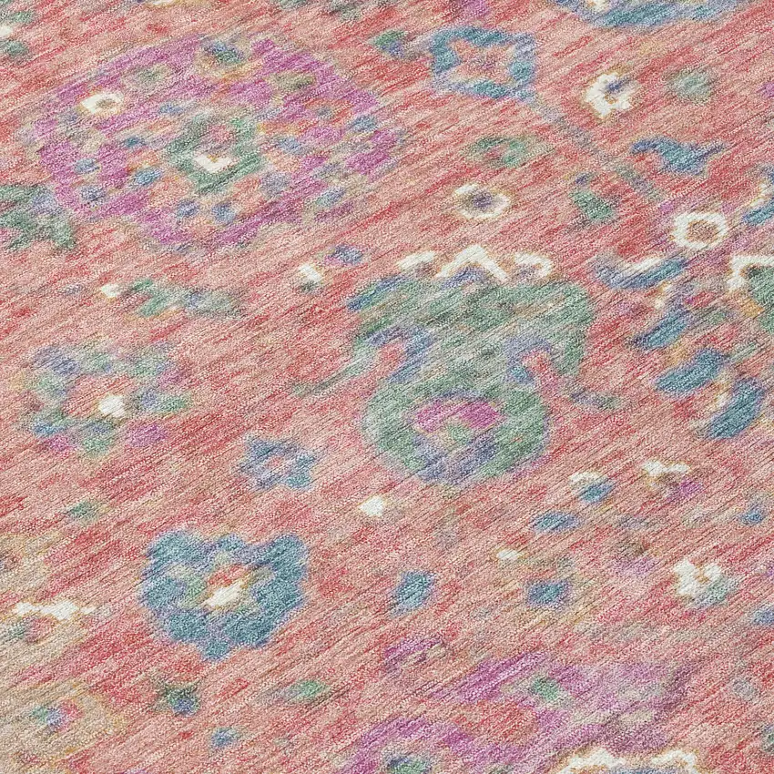 8' Coral Plum And Blue Round Floral Washable Indoor Outdoor Area Rug Photo 8