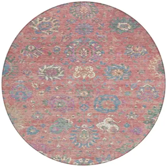 8' Coral Plum And Blue Round Floral Washable Indoor Outdoor Area Rug Photo 3