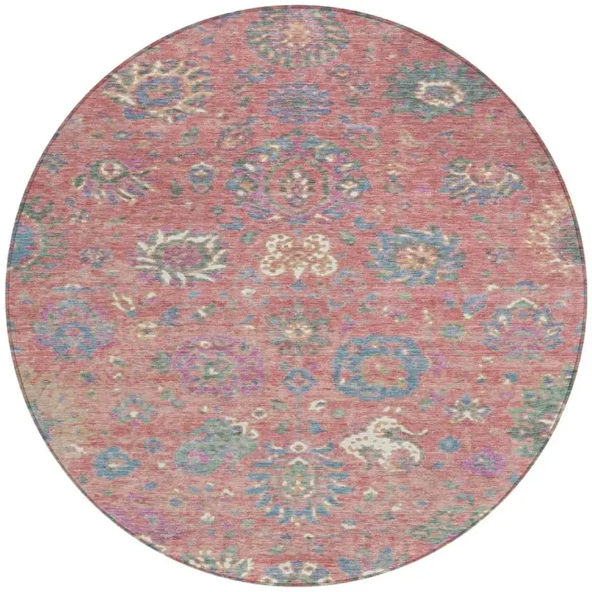 8' Coral Plum And Blue Round Floral Washable Indoor Outdoor Area Rug Photo 3