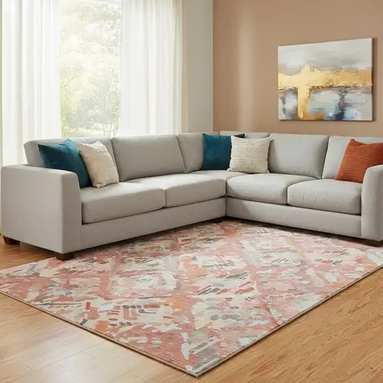 8' Coral Sky Blue And Mauve Geometric Washable Area Rug With UV Protection Photo 2