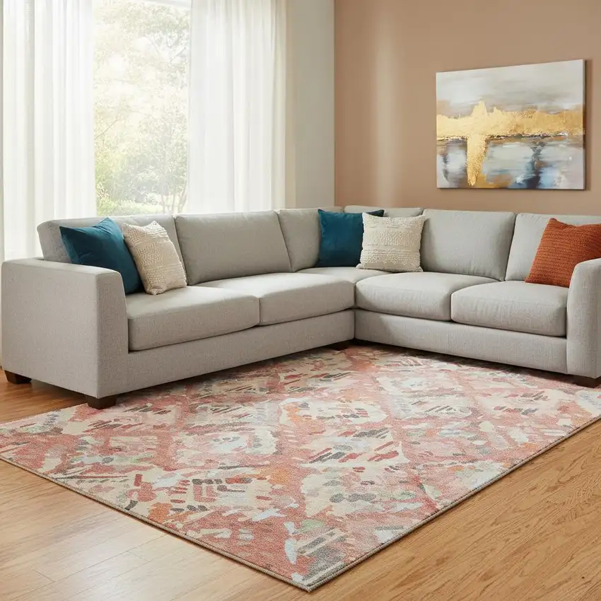 8' Coral Sky Blue And Mauve Geometric Washable Area Rug With UV Protection Photo 2