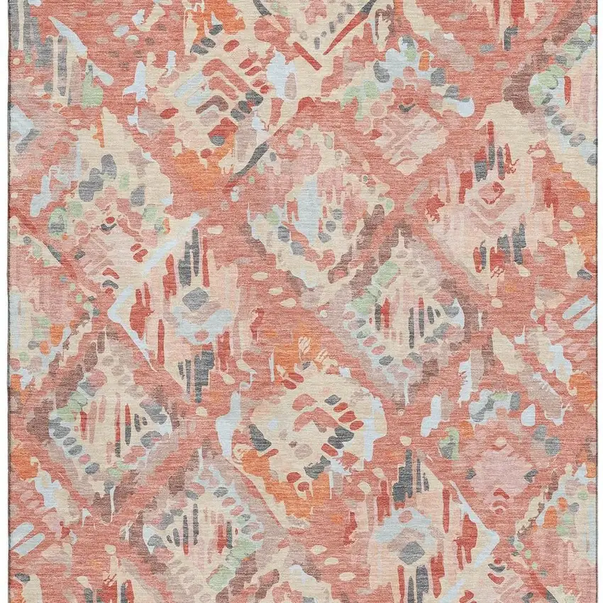 8' Coral Sky Blue And Mauve Geometric Washable Area Rug With UV Protection Photo 3