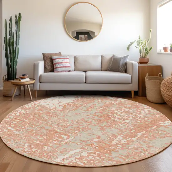 8' Coral Taupe And Ivory Abstract Washable Round Rug With UV Protection Photo 4