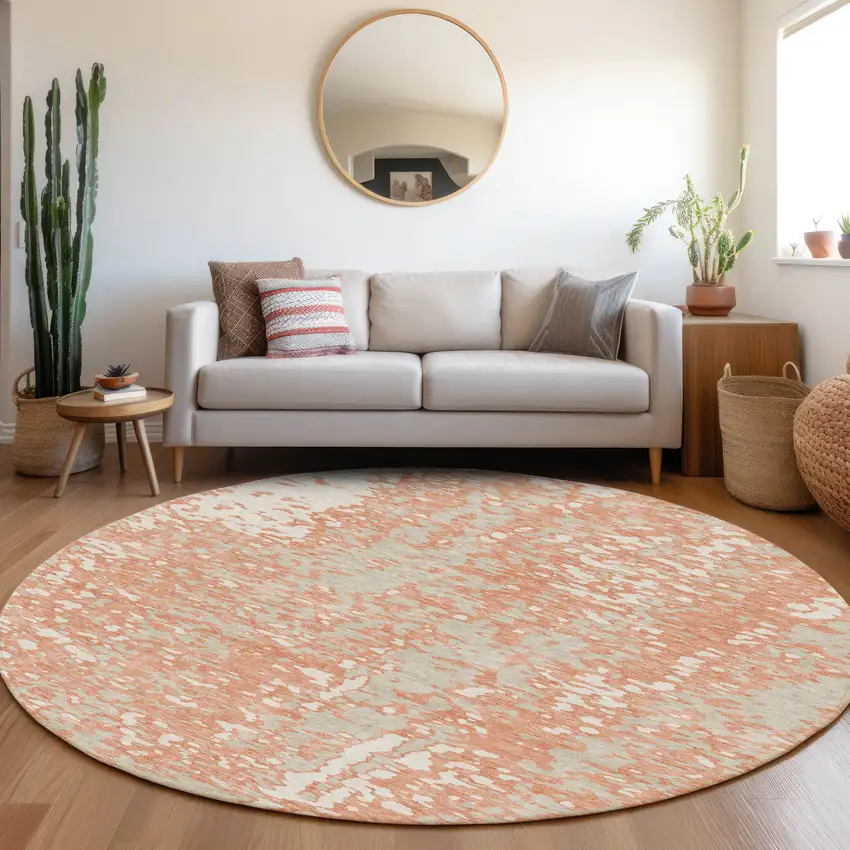 8' Coral Taupe And Ivory Abstract Washable Round Rug With UV Protection Photo 4