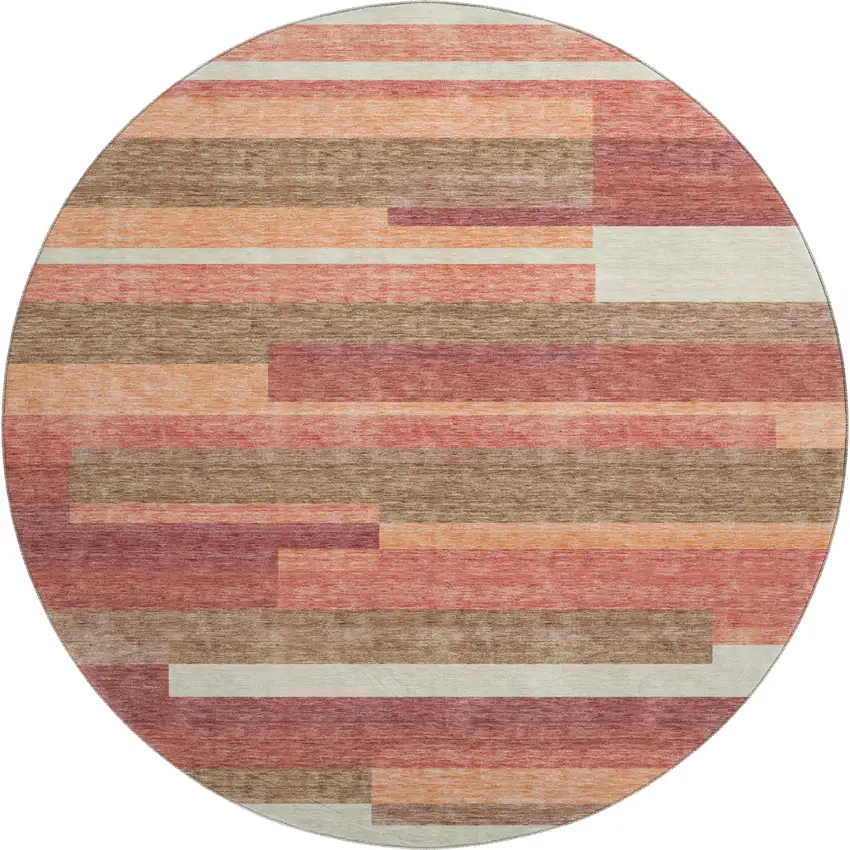 8' Coral Taupe And Orange Striped Washable Round Rug With UV Protection Photo 1