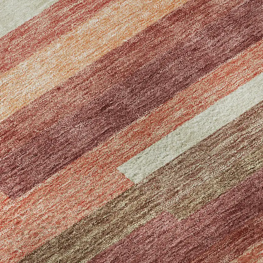 8' Coral Taupe And Orange Striped Washable Round Rug With UV Protection Photo 9