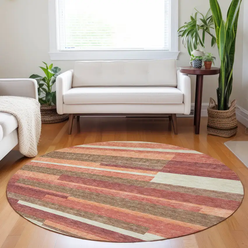 8' Coral Taupe And Orange Striped Washable Round Rug With UV Protection Photo 5