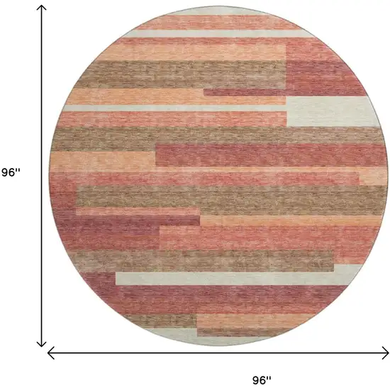 8' Coral Taupe And Orange Striped Washable Round Rug With UV Protection Photo 3