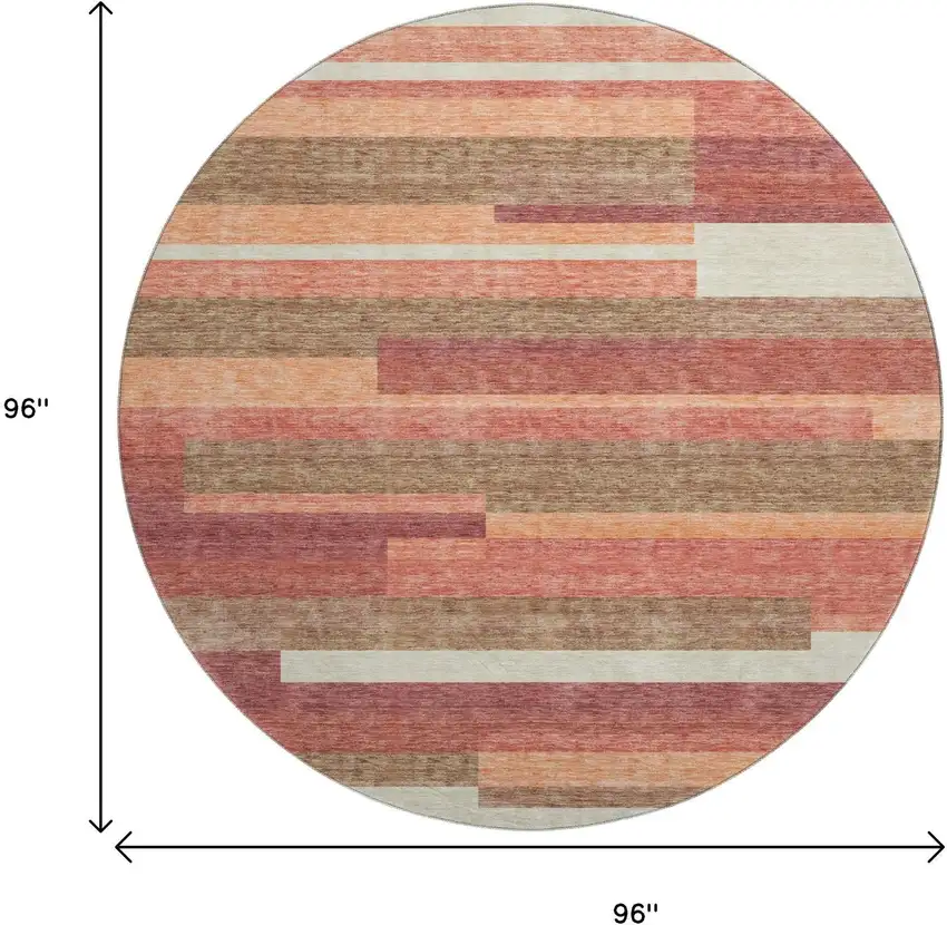 8' Coral Taupe And Orange Striped Washable Round Rug With UV Protection Photo 3