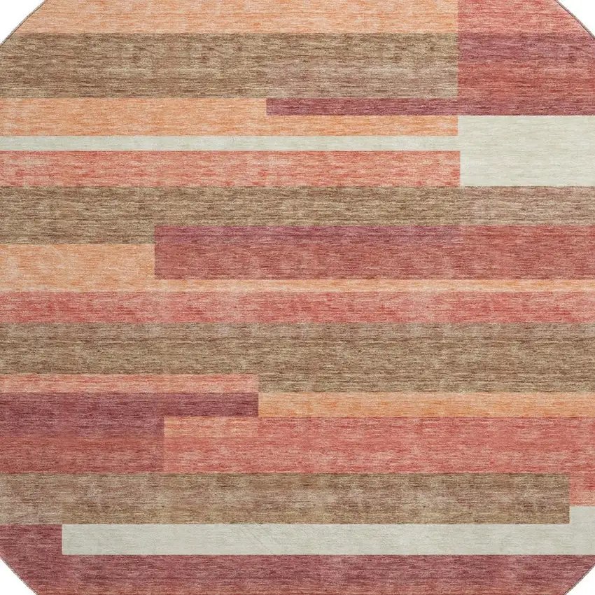 8' Coral Taupe And Orange Striped Washable Round Rug With UV Protection Photo 3