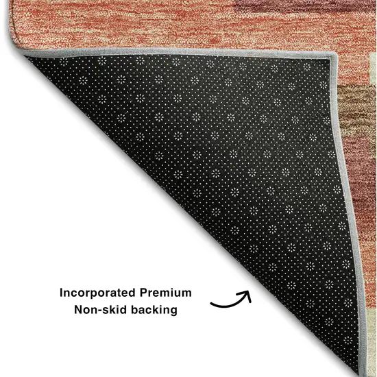 8' Coral Taupe And Orange Striped Washable Round Rug With UV Protection Photo 6