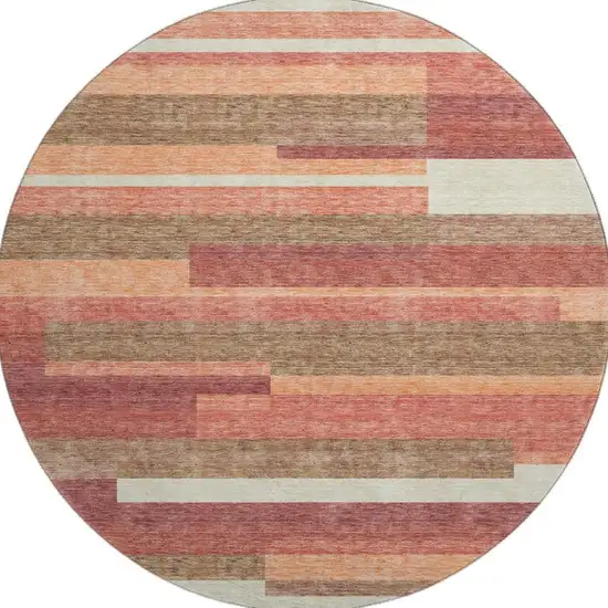 8' Coral Taupe And Orange Striped Washable Round Rug With UV Protection Photo 4