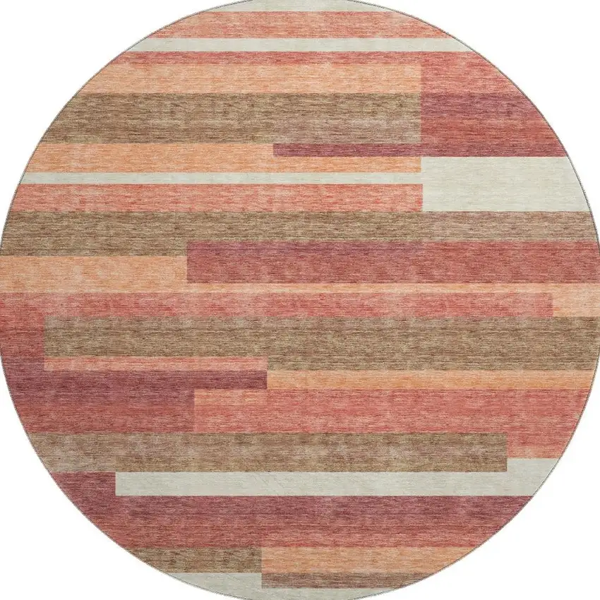 8' Coral Taupe And Orange Striped Washable Round Rug With UV Protection Photo 4