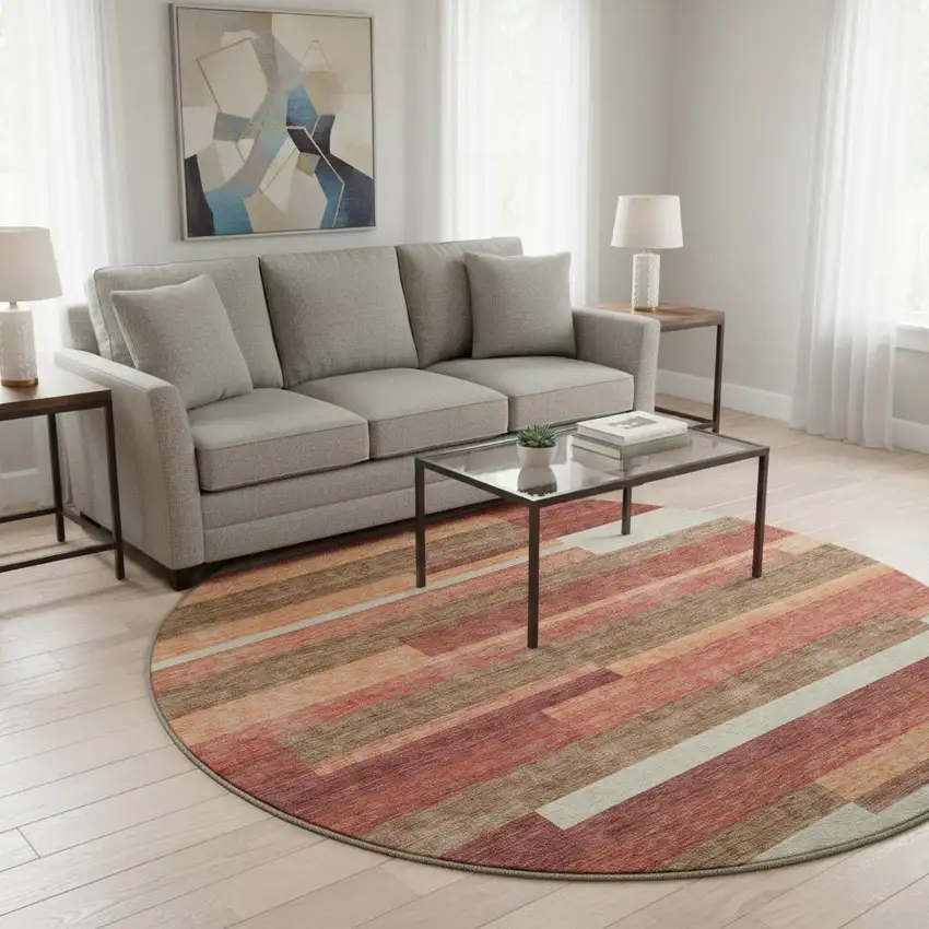 8' Coral Taupe And Orange Striped Washable Round Rug With UV Protection Photo 2