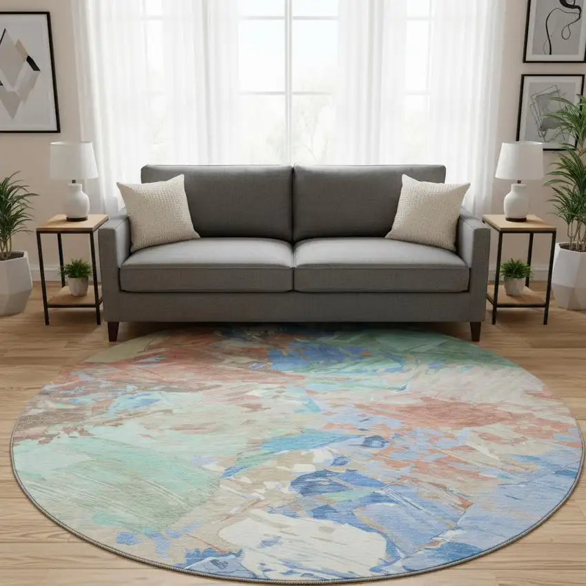 8' Coral Teal And Copper Abstract Washable Round Rug With UV Protection Photo 2