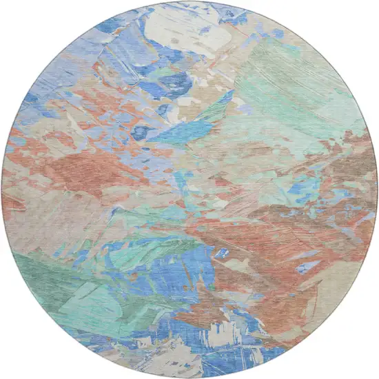 8' Coral Teal And Copper Abstract Washable Round Rug With UV Protection Photo 1