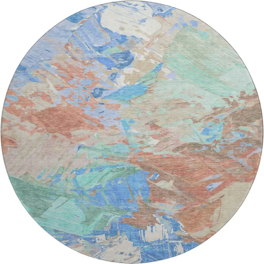 8' Coral Teal And Copper Abstract Washable Round Rug With UV Protection Photo 1