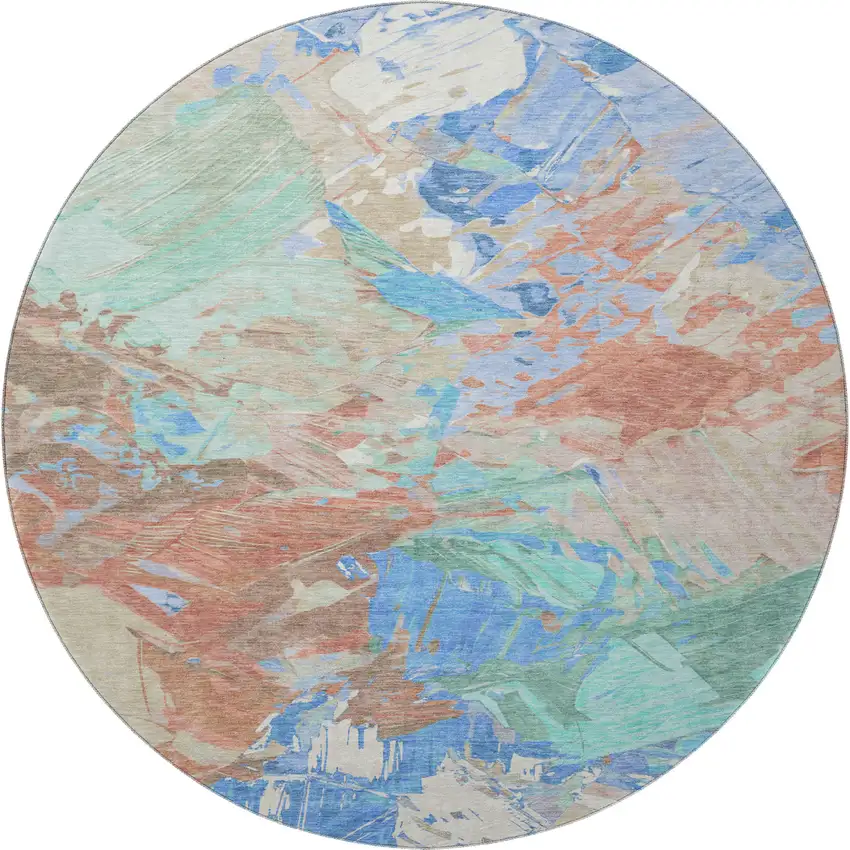 8' Coral Teal And Copper Abstract Washable Round Rug With UV Protection Photo 2