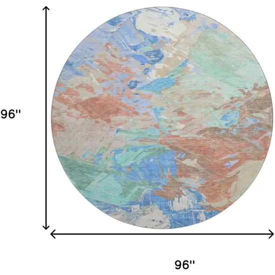 8' Coral Teal And Copper Abstract Washable Round Rug With UV Protection Photo 8