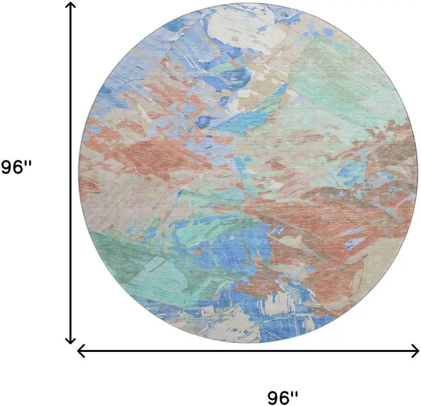 8' Coral Teal And Copper Abstract Washable Round Rug With UV Protection Photo 8