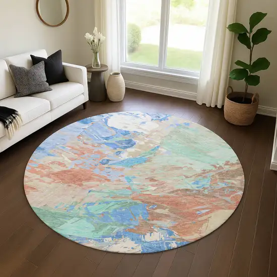 8' Coral Teal And Copper Abstract Washable Round Rug With UV Protection Photo 3
