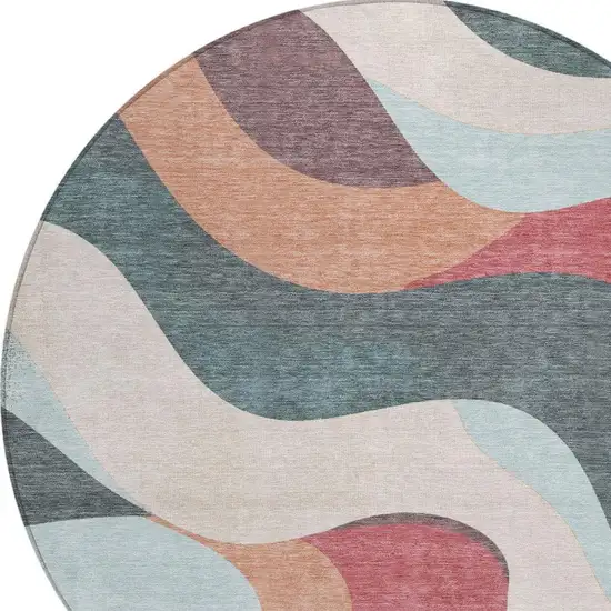 8' Coral Teal Blue And Ivory Round Abstract Washable Indoor Outdoor Area Rug Photo 5