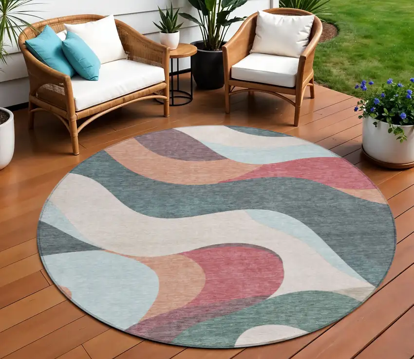 8' Coral Teal Blue And Ivory Round Abstract Washable Indoor Outdoor Area Rug Photo 2