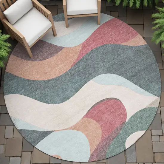 8' Coral Teal Blue And Ivory Round Abstract Washable Indoor Outdoor Area Rug Photo 8