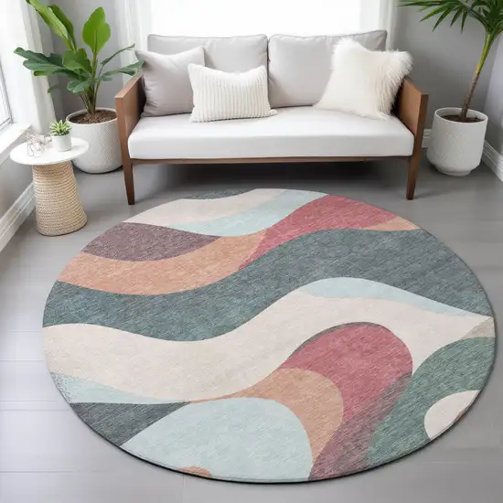 8' Coral Teal Blue And Ivory Round Abstract Washable Indoor Outdoor Area Rug Photo 9