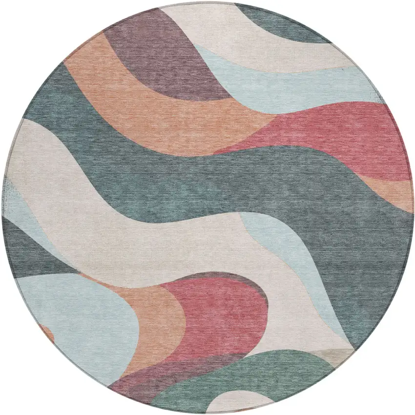 8' Coral Teal Blue And Ivory Round Abstract Washable Indoor Outdoor Area Rug Photo 1