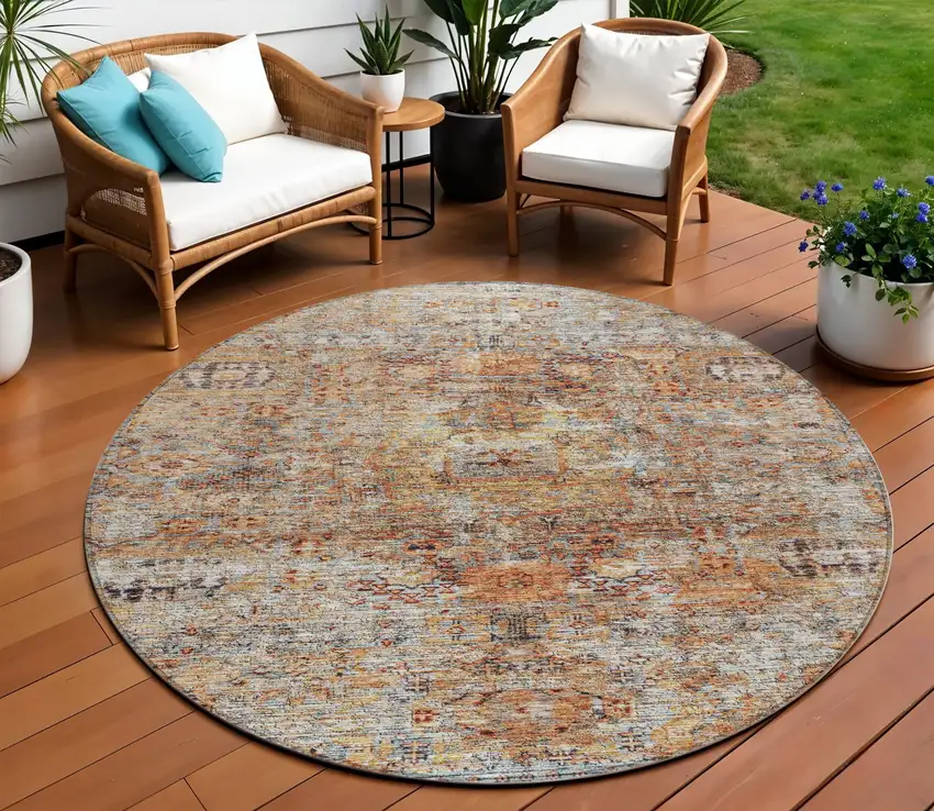 8' Coral Terra Cotta And Beige Round Floral Washable Indoor Outdoor Area Rug Photo 1