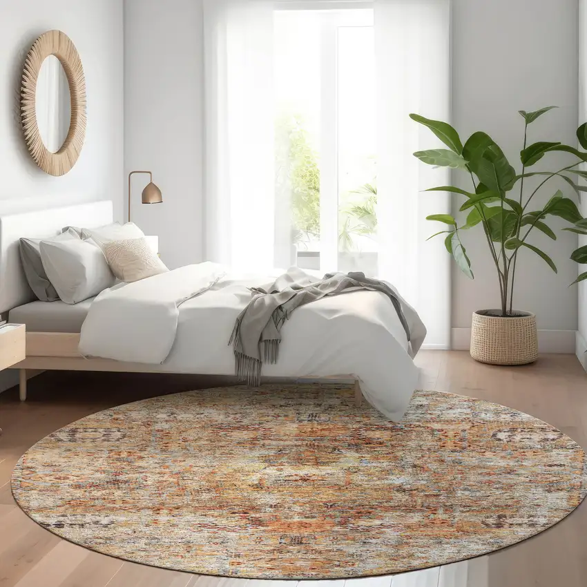 8' Coral Terra Cotta And Beige Round Floral Washable Indoor Outdoor Area Rug Photo 9