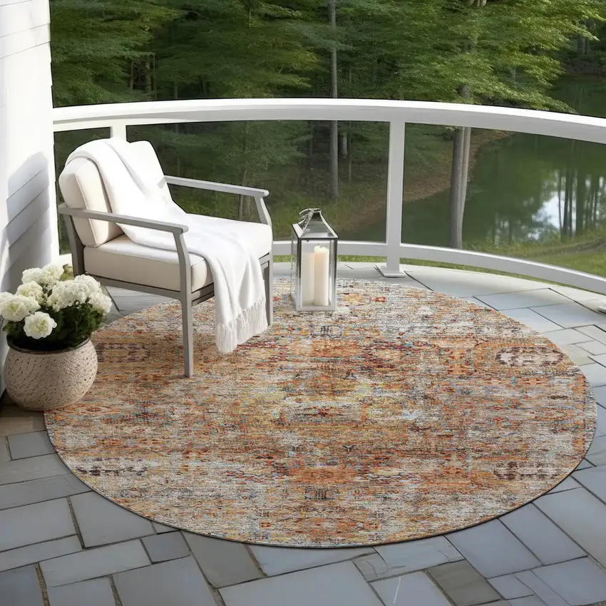 8' Coral Terra Cotta And Beige Round Floral Washable Indoor Outdoor Area Rug Photo 8