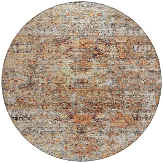 8' Coral Terra Cotta And Beige Round Floral Washable Indoor Outdoor Area Rug Photo 7
