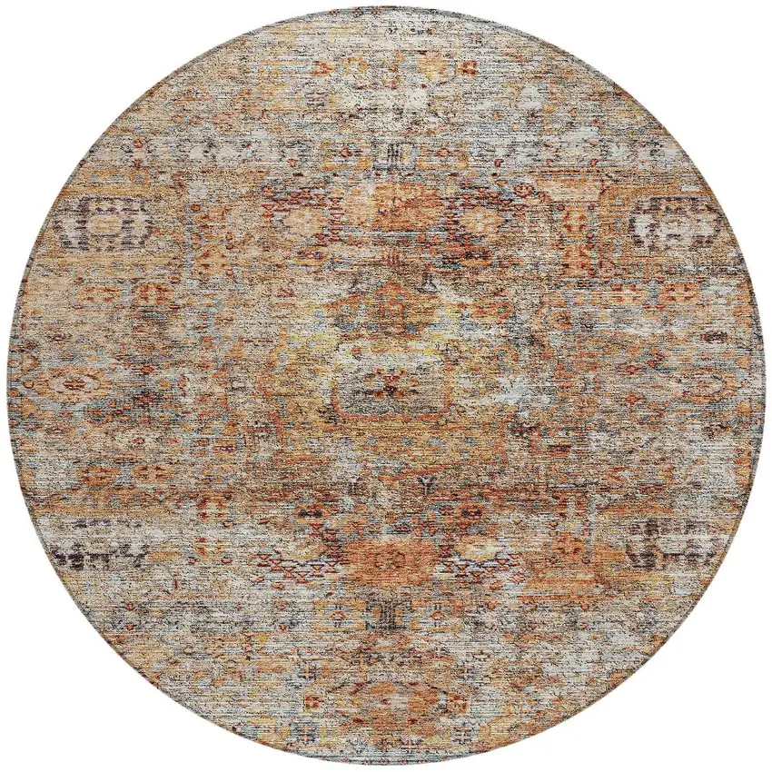8' Coral Terra Cotta And Beige Round Floral Washable Indoor Outdoor Area Rug Photo 7