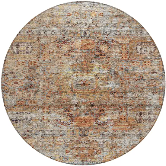 8' Coral Terra Cotta And Beige Round Floral Washable Indoor Outdoor Area Rug Photo 2