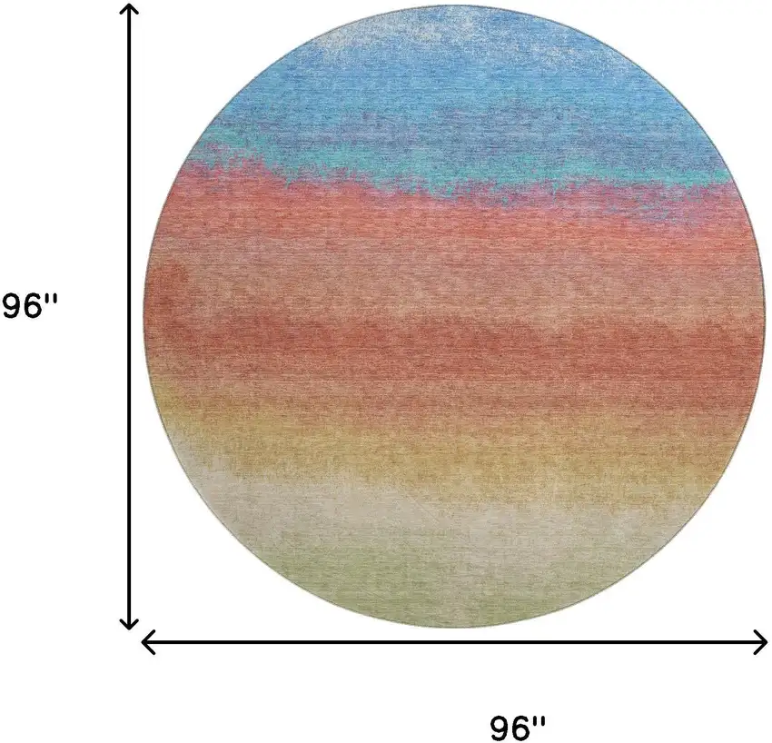 8' Coral Wheat And Blue Ombre Washable Round Rug With UV Protection Photo 9