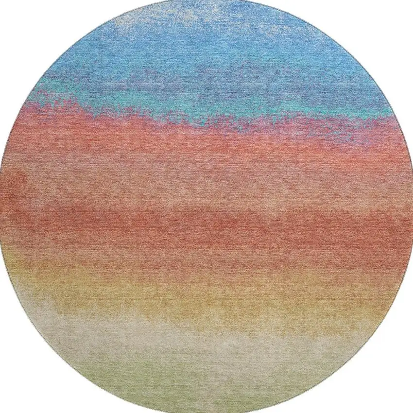 8' Coral Wheat And Blue Ombre Washable Round Rug With UV Protection Photo 3