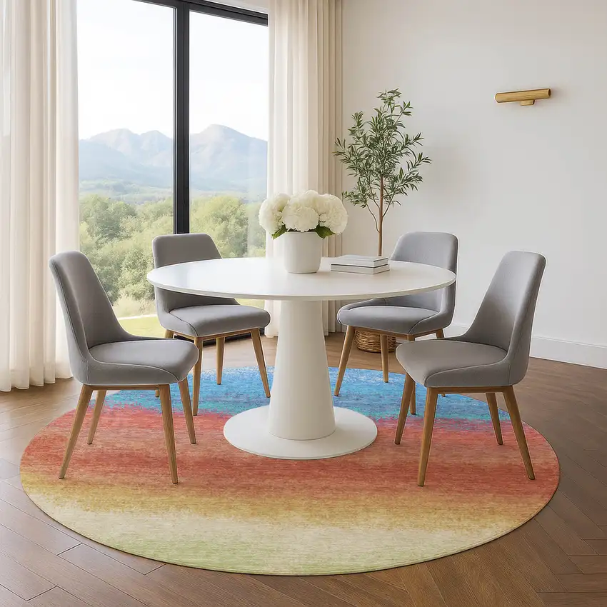 8' Coral Wheat And Blue Ombre Washable Round Rug With UV Protection Photo 4