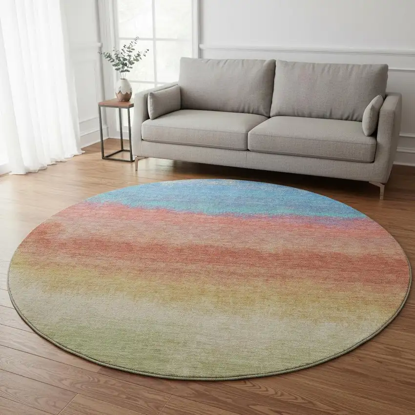 8' Coral Wheat And Blue Ombre Washable Round Rug With UV Protection Photo 2
